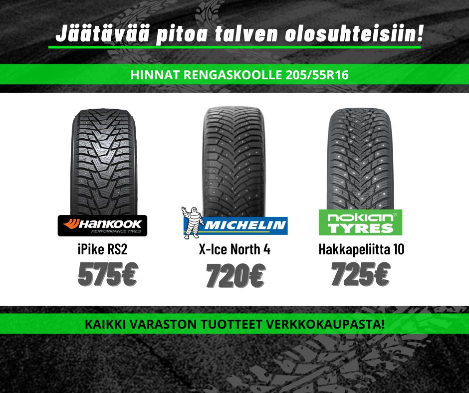 Hankook, Michelin ja Nokian Tyres -renkaita hintoineen.