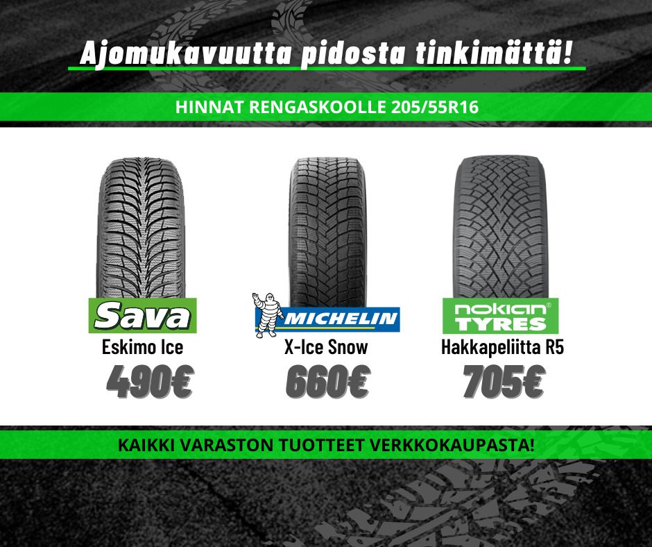Sava, Michelin ja Nokian Tyres -renkaita hintoineen verkkokaupassa.